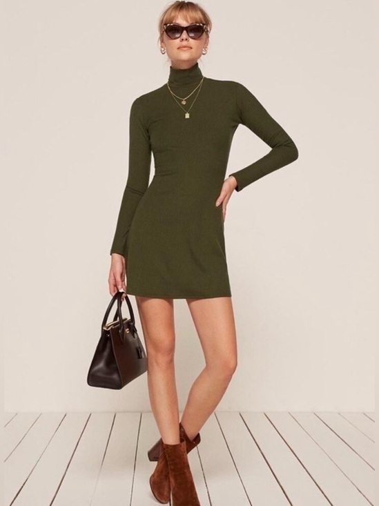 Reformation Dresses & Skirts - Reformation Jeans Olive Green Ribbed Mock Neck Long Sleeve Mini Dress Womens S